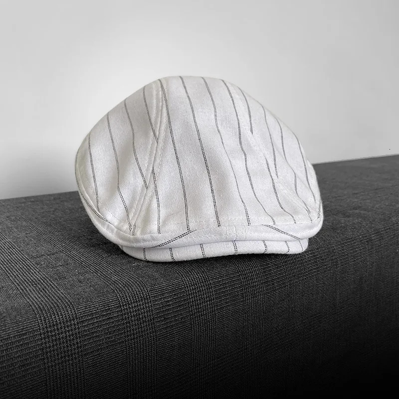 Spring and summer linen s boy hat white striped breathable beret mens literary retro hat British hat mens hat 53 250420