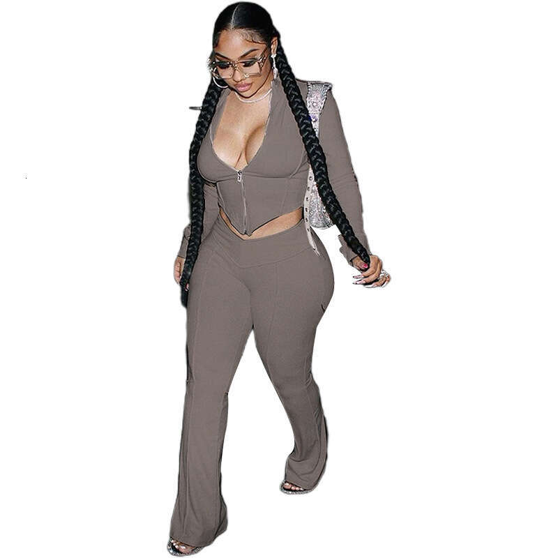 hoodie Women's Wear Winter New Women's Casual Sports Half High Collar Zipper Solid Color Slimming Top Bellbottom Pants Set jacket