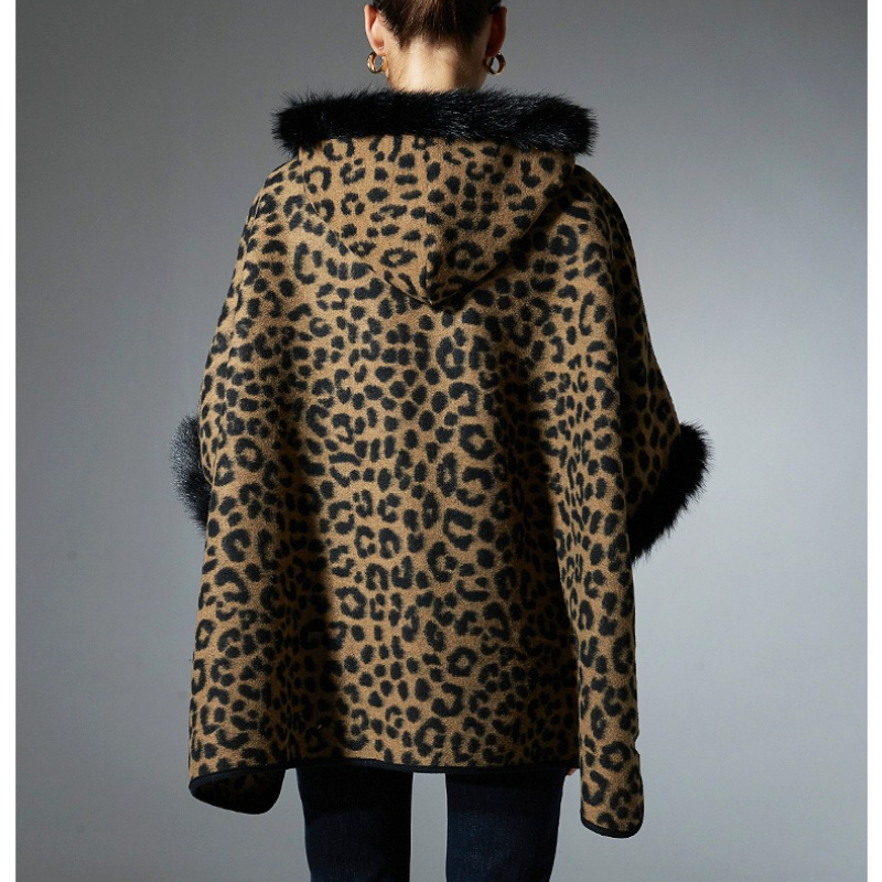 OC278M25 Women Leopard Print Cape Coat Hooded Faux Fur Trim Winter Warm Cardigan Street Fashion Outerwear Autumn Winter
