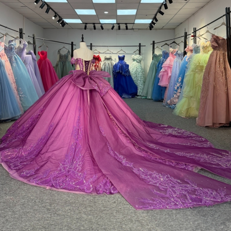 Lilac Shiny Quinceanera Dresses Off The Shoulder Applique Lace Bow Beading Crystal Tull Corset Party Birthday Sweet 16 Dres Vestidos 15 Anos