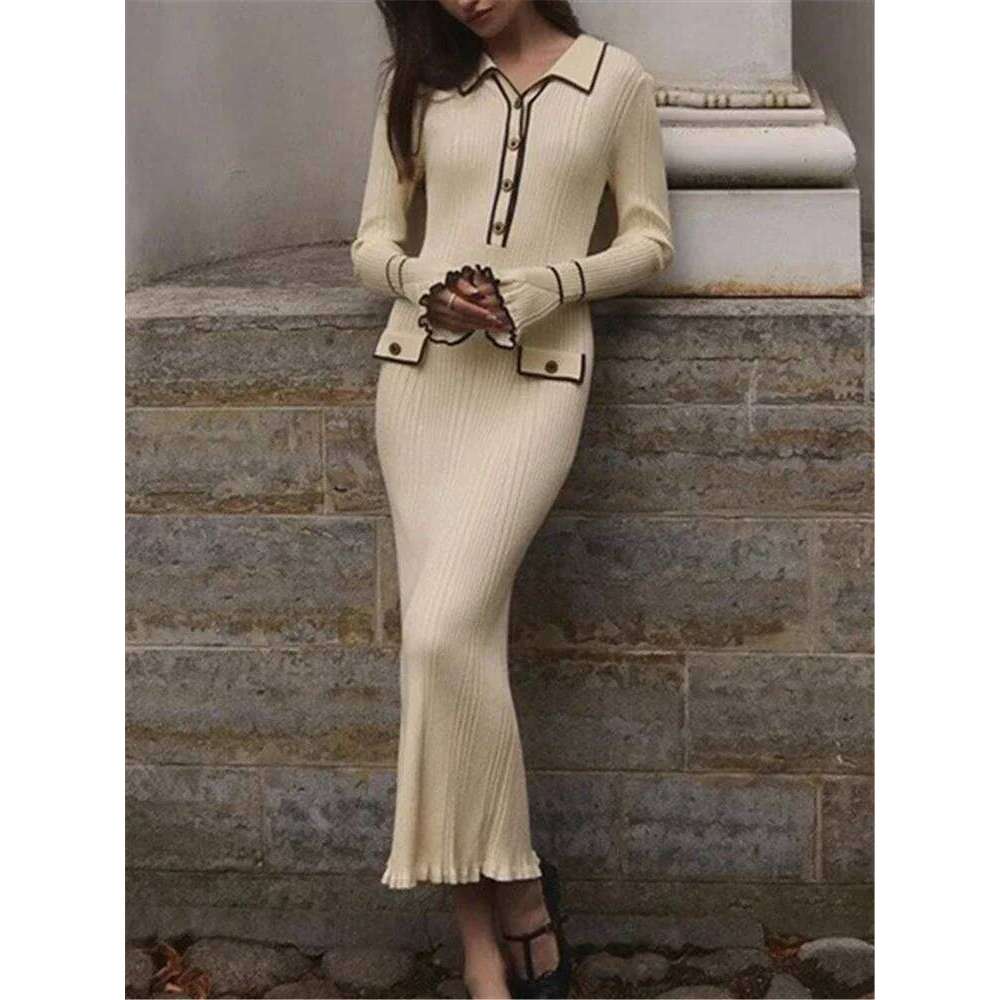 Autumn Winter Elegant Knitted Long Ruffles Dressres New High Waist Buttons Turn-Down Collar Sweater Dresses Female