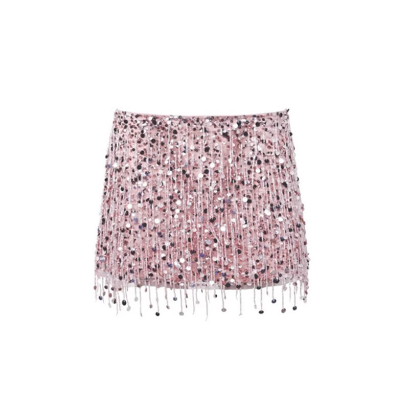 Sexy Tassel Chains Women's Skirt Elegant Solid Sequins Hip Package Female Party Mini Skirts 2025 Summer Lady Outfit Beachwear