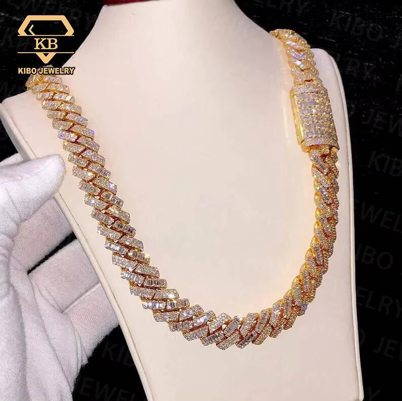 Vvs Iced Out Hip Hop 925 Silver Baguette Round Cut Moissanite Necklace Gra Diamond Moissanite Baguette Cuban Link Chain