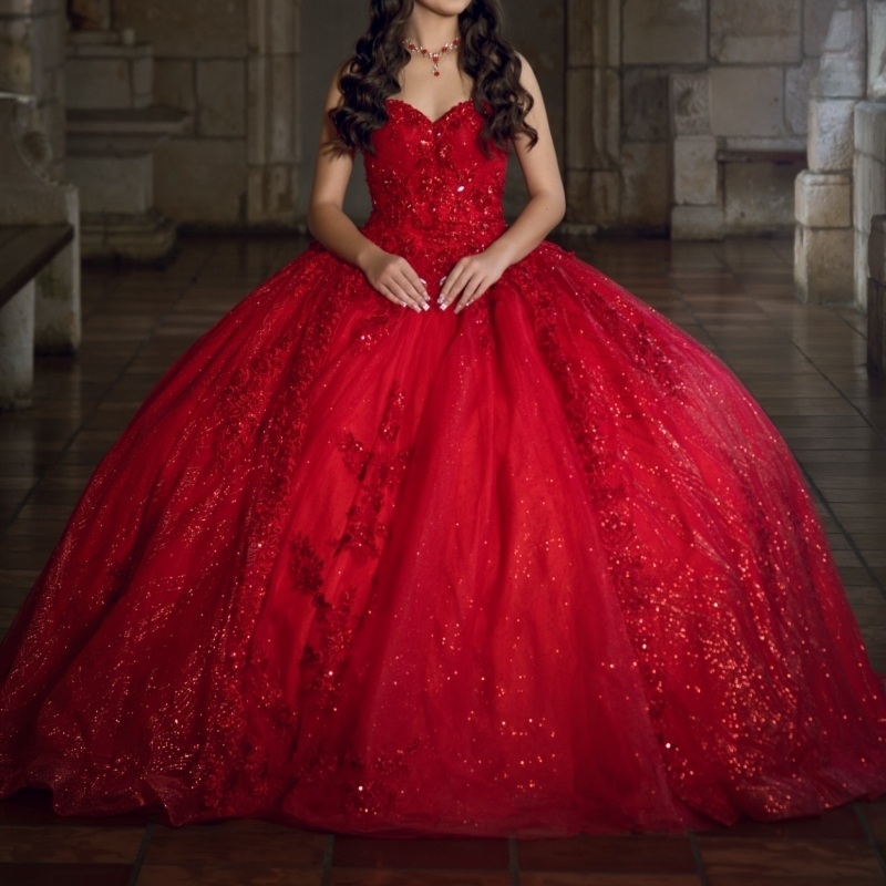 Red Shiny Quinceanera Dresses Off The Shoulder Applique Lace BeadsTull Corset Party Birthday Sweet 16 Dres Vestidos 15 Anos