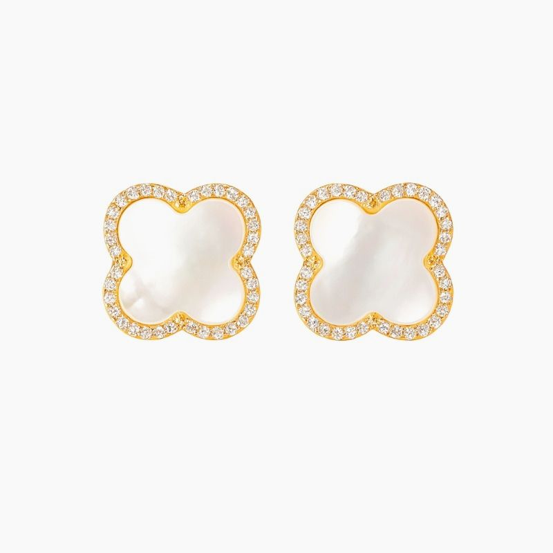 Clover Shaped Mother of Pearl Stud with Zirconia Accents S925 Silver Hypoallergenic Earrings for Daily Outfit and Valentine Day H260202