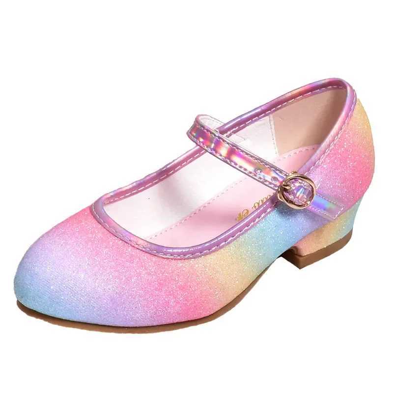 Princess Shoes for Girls Spring Autumn Glitter Fashion Kids Dress Leather Shoe Rainbow Sequins Children Party Wedding High HeelsW251121