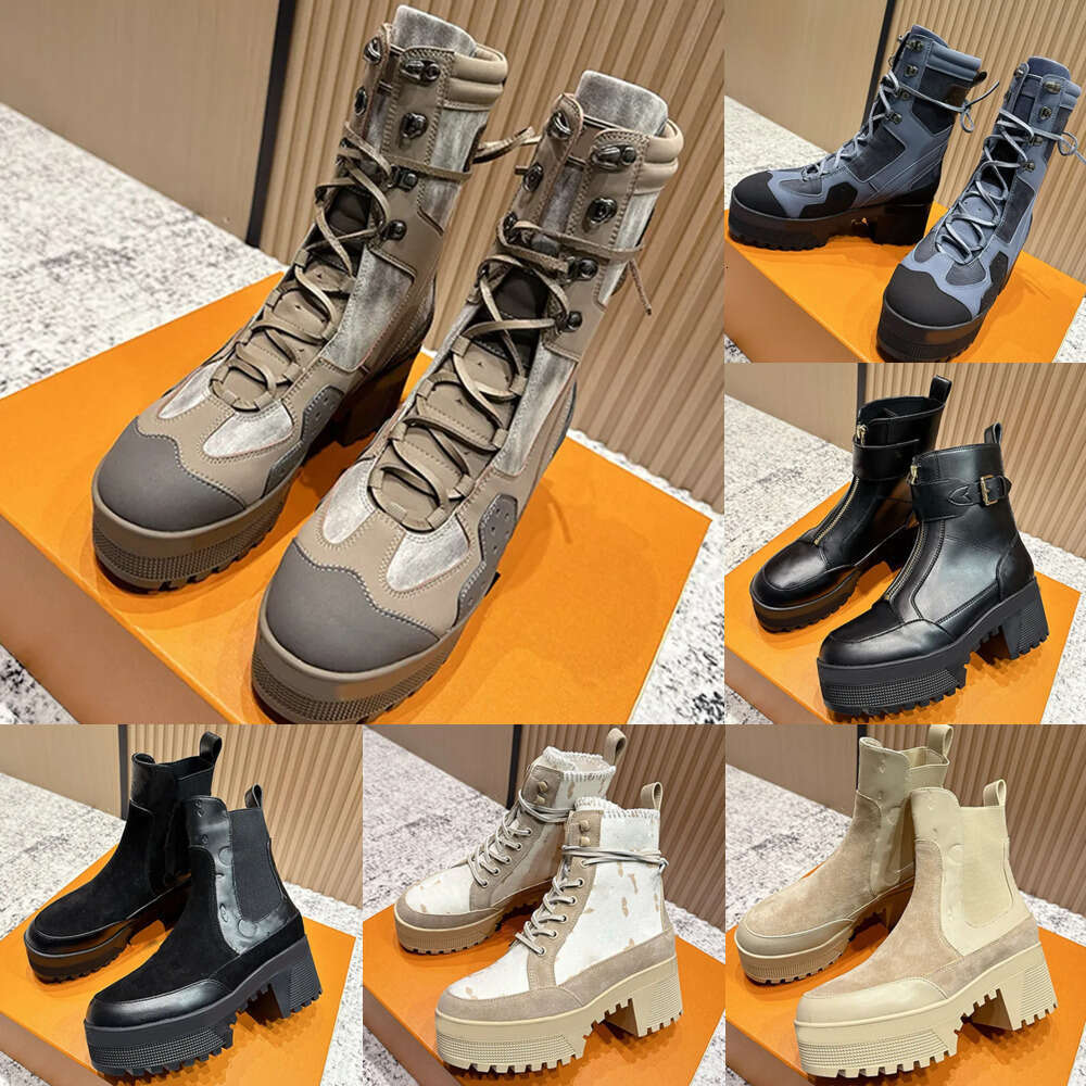 2025 Laureate Platform Desert Boots Fall Winter womens show chunky heel ankle booties upper combines canvas rubberized calf leather Taupe Brown Designer boots