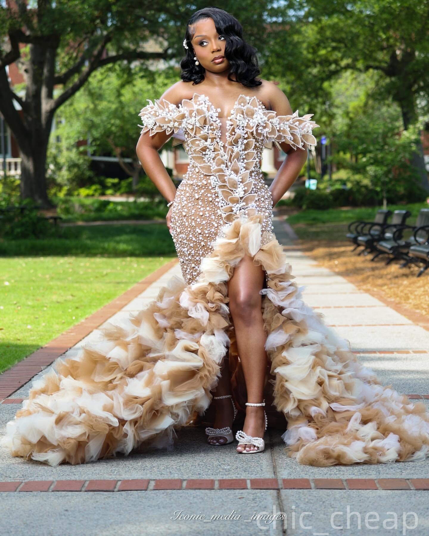 Champagne Mermaid Prom Dresses 2025 Florals Tiers Pearls Evening Formal Party Second Birthday Engagement Gowns Plus Size Dress For Special Occasions