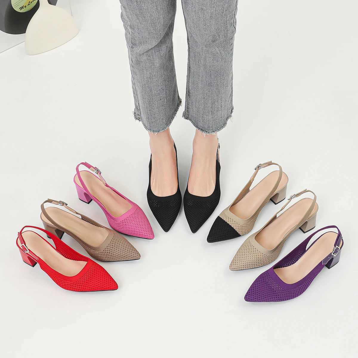 Summer Womens High Heel Sandals Knitted Small Hole Breathable Shoes 2025 New Style (6cm High) M250421
