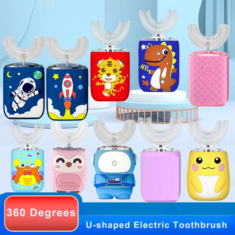 360 Automatic Childrens U-shaped Electric Toothbrush Cartoon for Kids Silicon Toothbrush USB Charging Blue Light Teeth Cleaner 251113