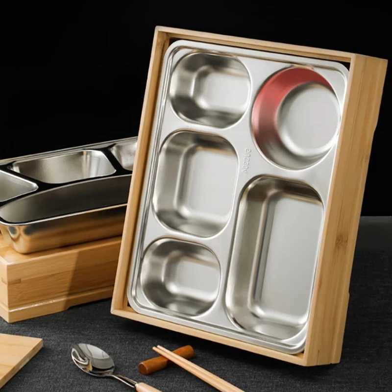 Restaurant Stainless Steel Compartment Lunch Box Bamboo Bento Box Anti-fall Household Japanese Lunch Tray WorkerM251121