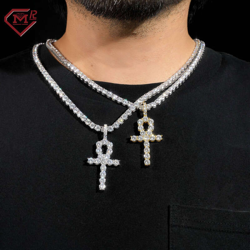 GRA Certificate Ankh Cross Hip Hop Sier Necklace Silicon Stone Pendant