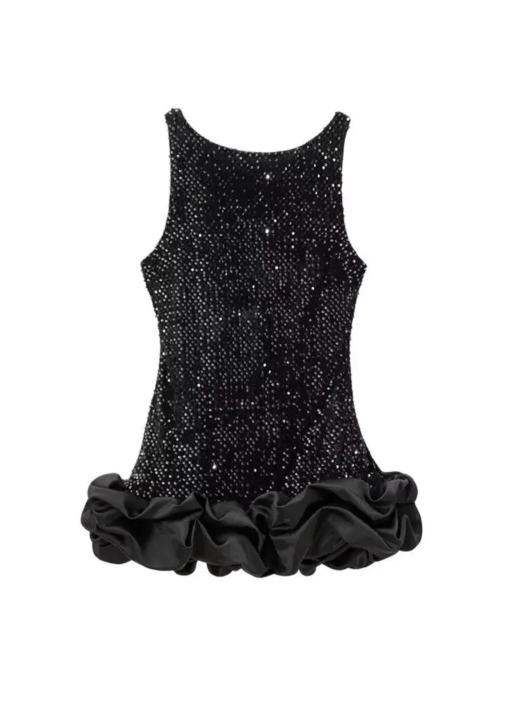 Women Sexy Fashion Matching Voluminous Hem Sequined Mini Dress O Neck Sleeveless Backless Female Dresses Vestidos Mujer 251112