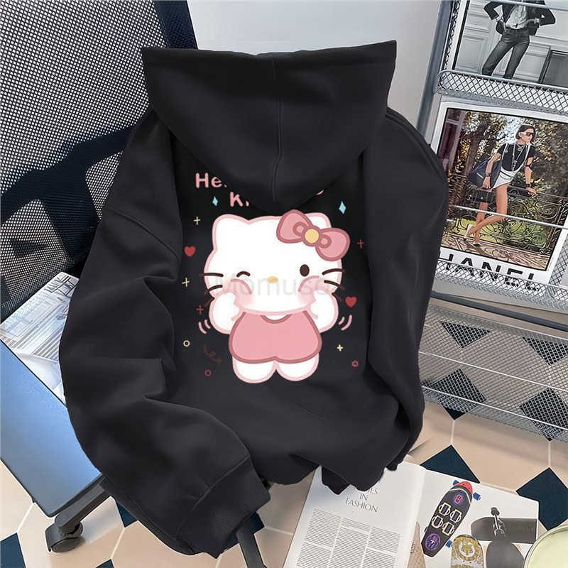 Sanrio Sweet Campus Style Hoodie for Women Thick Fleece Kitty Cat Print Loose Fit Versatile Spring Top H251121