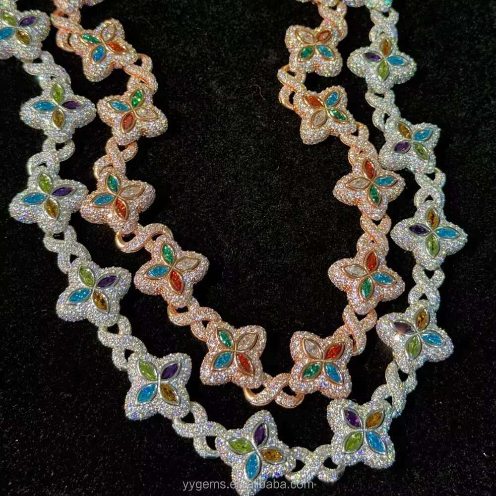 Custom Marquise Cut Fancy Colors Moissanite Real Gold Plated S925 Silver Cuban Link Chain Necklace Hip Hop Jewelry