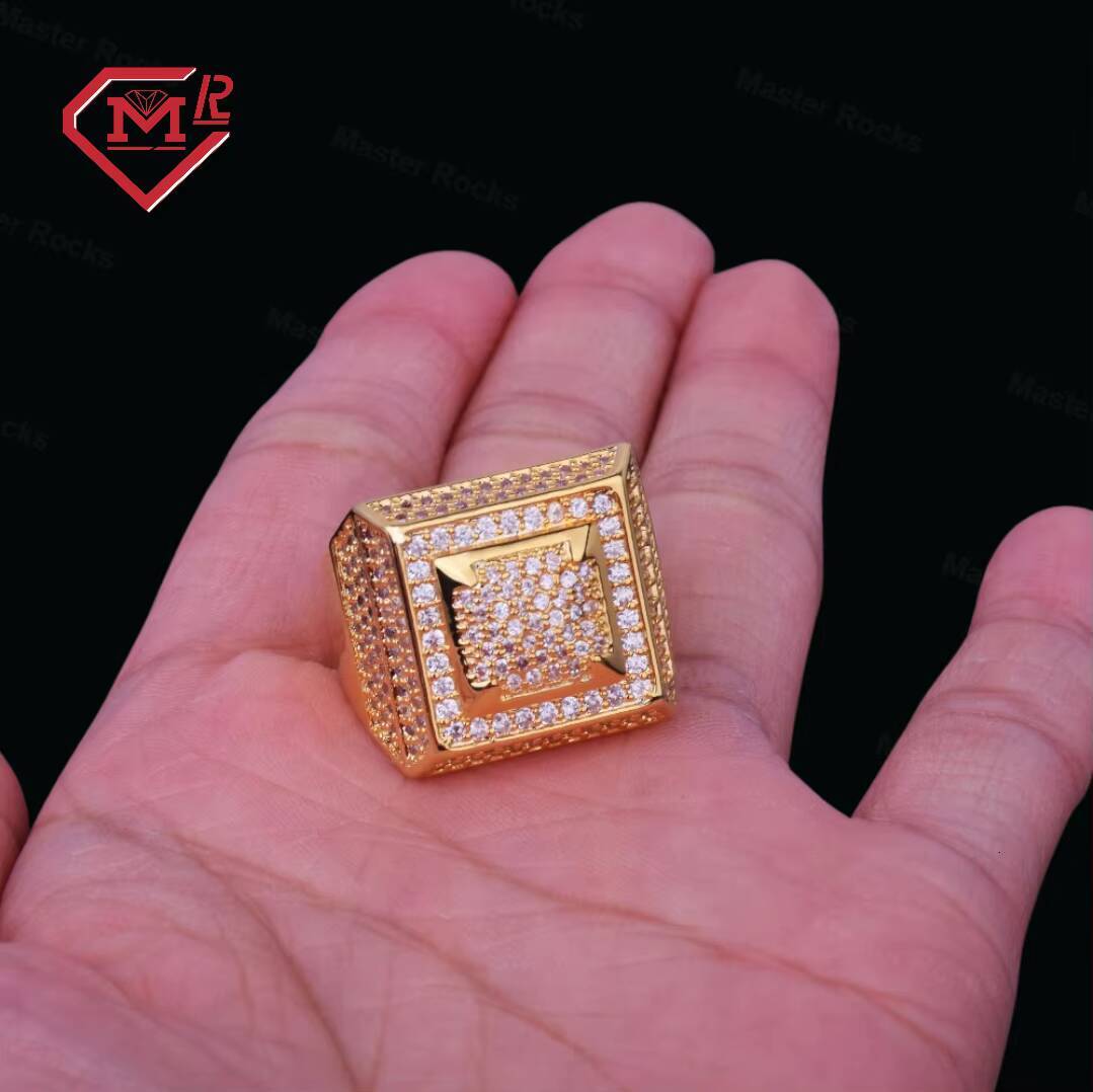Mens Fashion Gold-Plated 925 Sterling Silver Moissanite Ring Bling Empire Square Hip Hop Style from the Moissanite Empire