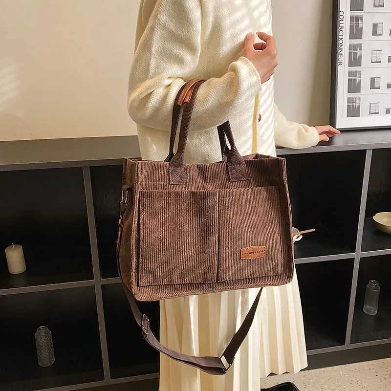 Corduroy Tote Bag for Women Spring Summer Wide Strap Shoulder Bag Crossbody Purse with Pocket Casual Commute Handbag Bucket BagT251121