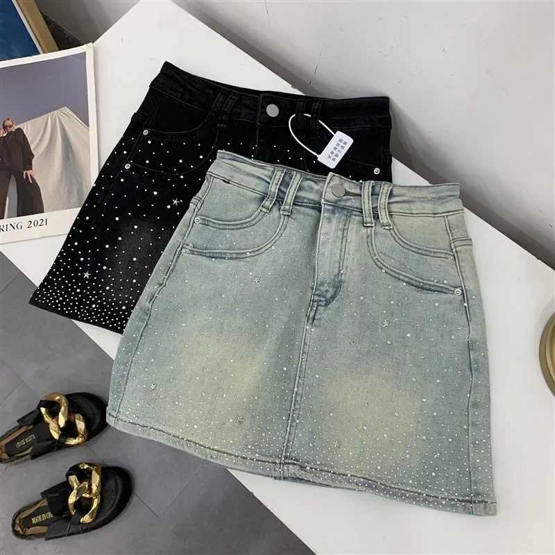 High waisted mini dress rhinestone decoration womens sensitive design denim skirt summer style #17 X250421