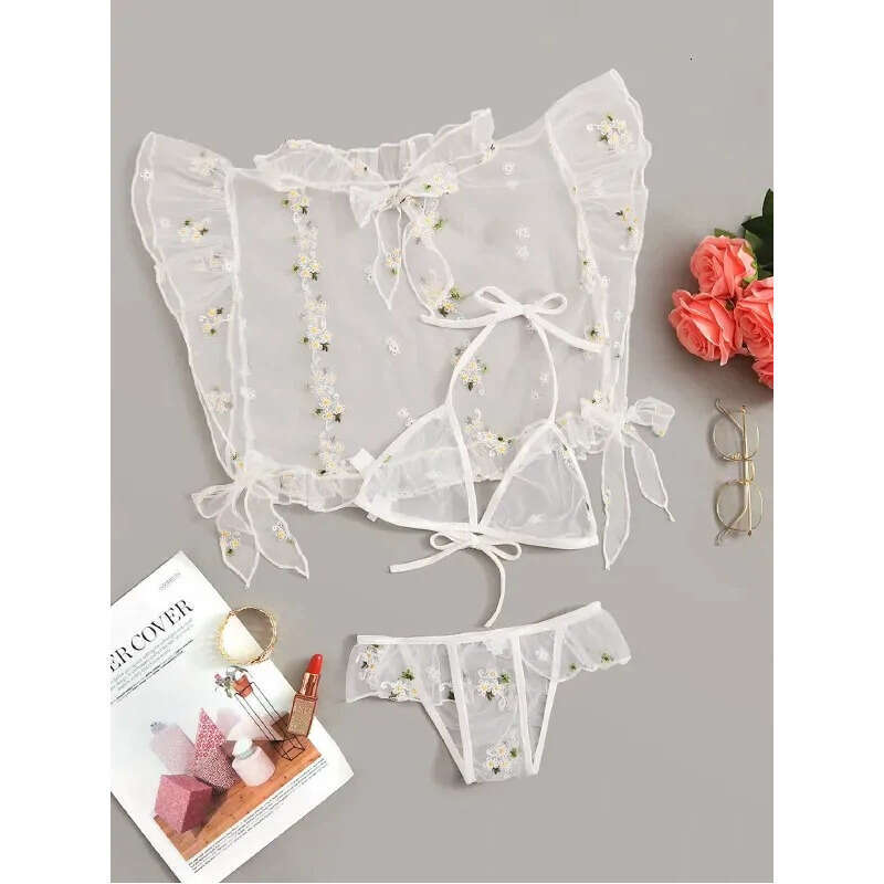 Lace Sexy Lingerie New Sexy Perspective Mesh Off Shoulder Top T Trouser Fun Set