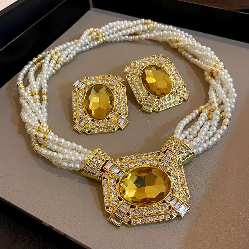 Square Rhinestone Pearl Pendant Necklaces Occidental Heavy Industry Court Style Niche Temperament Collarbone Chains Jewelry Sets