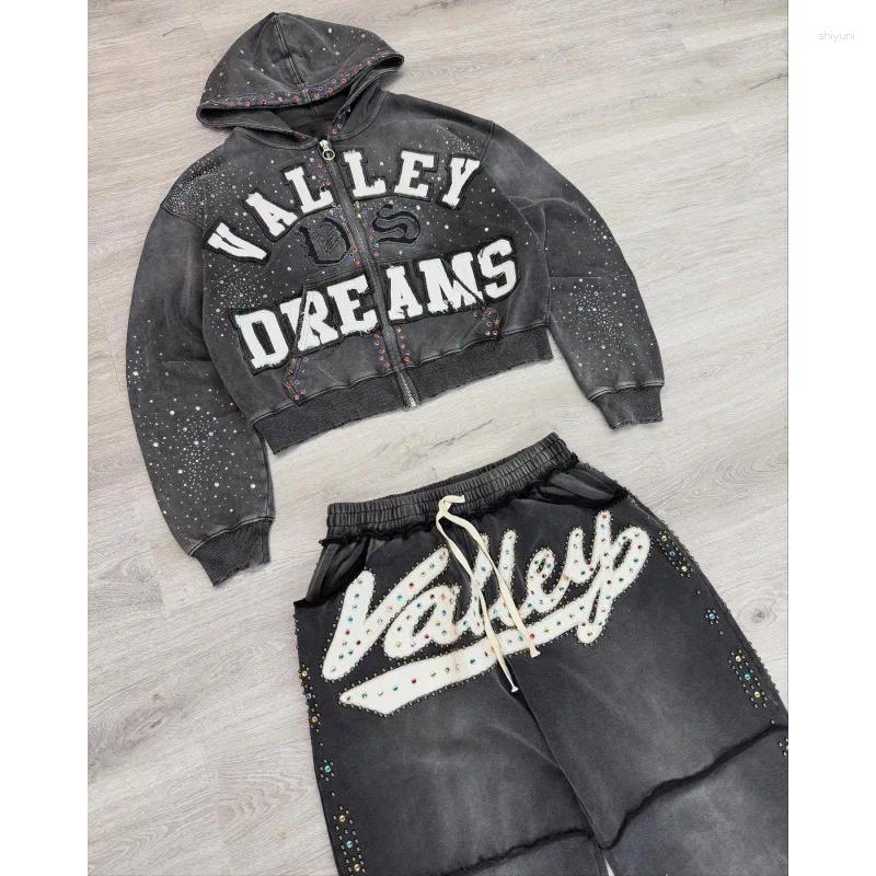Women's Pants Vintage Washed Valley Dreams Tracksuit - Embroidered Zip-Up Hoodie & Studded Shorts Set Y2K Streetwear Two-Piece Distressed Bl Z260