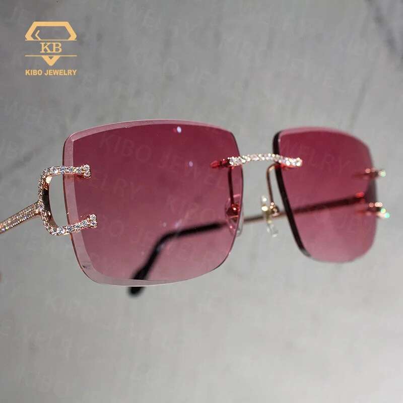 Hip Hop Jewelry Sunglasses Pink Lens Yellow Gold Plated Iced Out Men VVS Moissanite Glasses