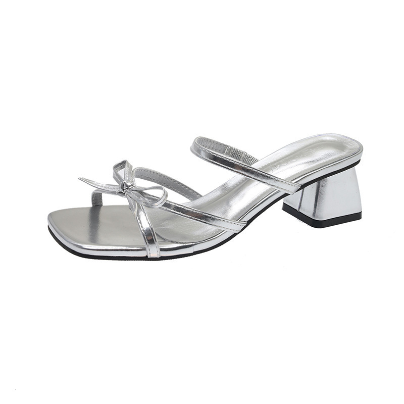 High heels womens outdoor wear 2025 summer new versatile niche French fashion bow tie thick heel slippers womens sandals