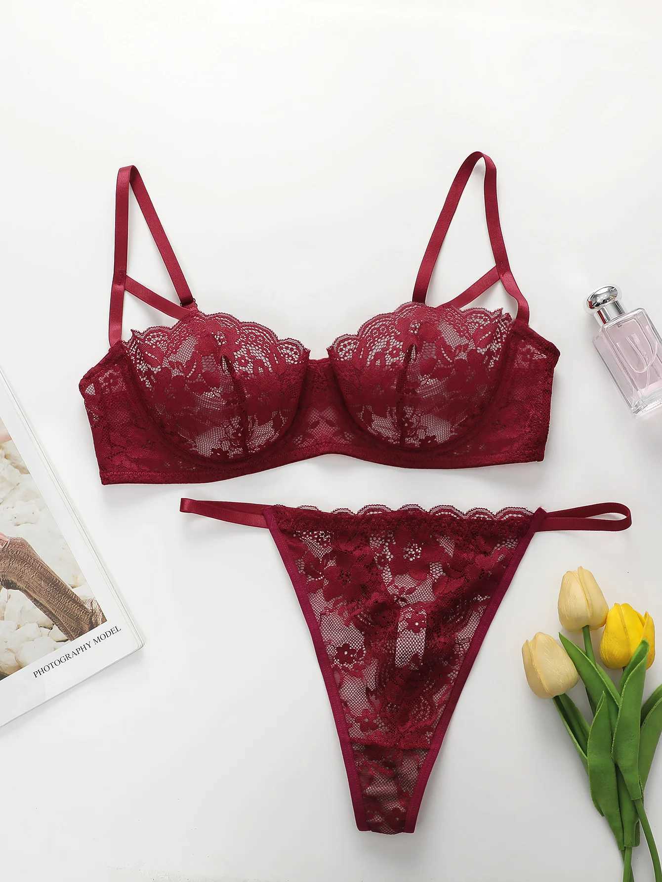 High Quality New Sexy Underwear For Womens Lace Transparent Hollow 3/4 Bra Gathering Steel Ring Push Up Underwear Set HR2634XJ251106