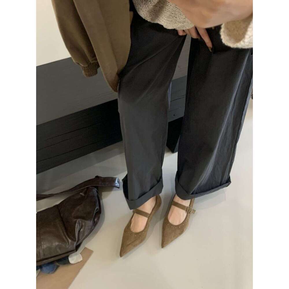 Khaki Rivet Designer Shoe Flat Heel Fall pointed toe Elegant Mary Jane womens dress Shoes