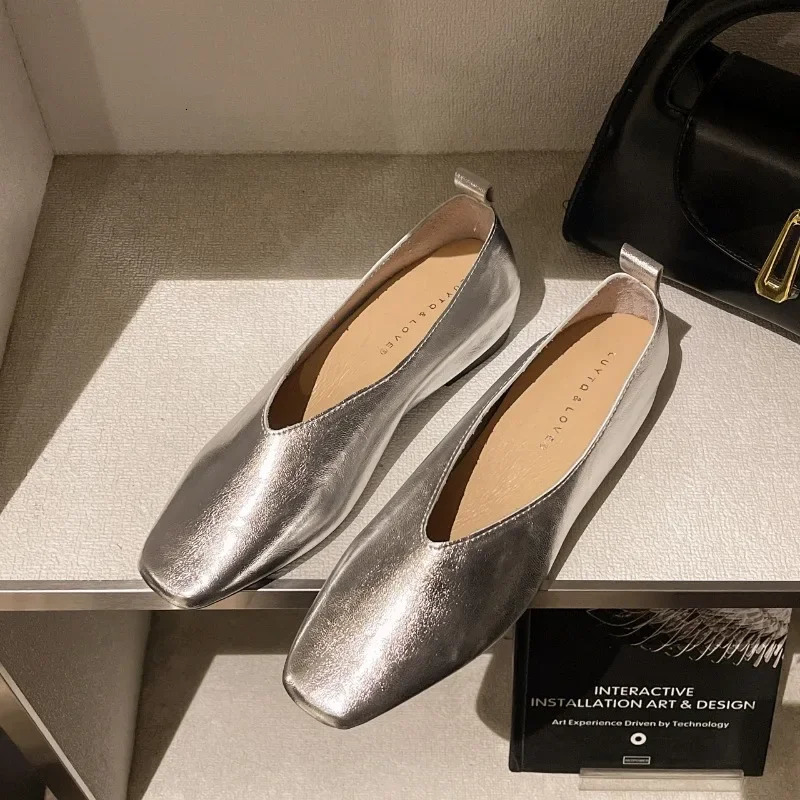 Womens Loafers Genuine Leather y Shoes Sss Grade Silver Heels Gold Pumps Square Toe Elegant Mary Janes For Women 251121