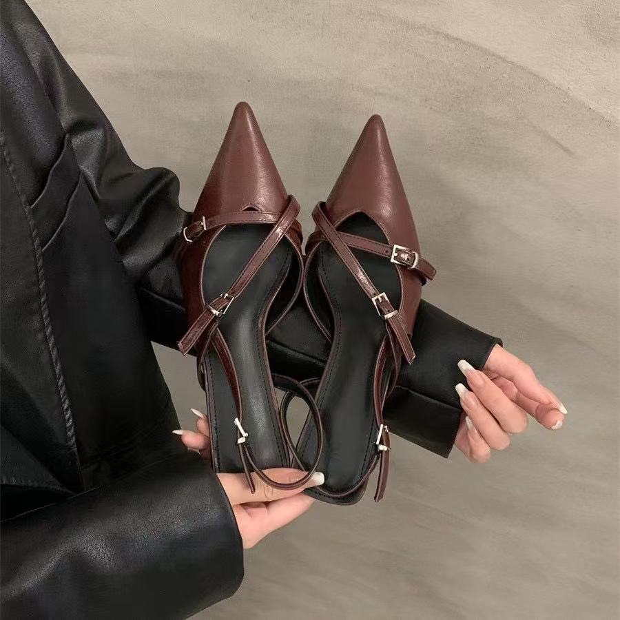 High Heeled Shoes For Women In Spring And Summer 2025 New Retro Style With Pointed Toes, Thin Heels, Belt Buckle Toe Closure Single Shoes With Skirts 