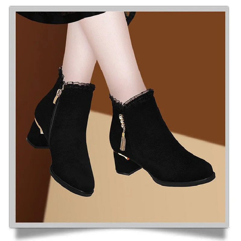 British Style Winter Boots Women Round Toe Tassel Furry Lined Mid Heel Ankle Diamond Decor Zip Side 251121