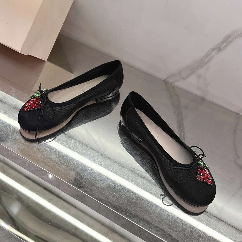 Spring And Summer 2025 New Bow Tie Decal Mesh Water Drill Flat Single-Layer Slip-Ons Shallow Crystal Retro Ballet Shoes