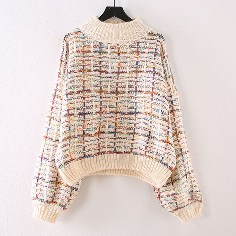 Half high neck short plaid Pullover Sweater womens autumn and winter Korean loose fashion coarse wool sweater