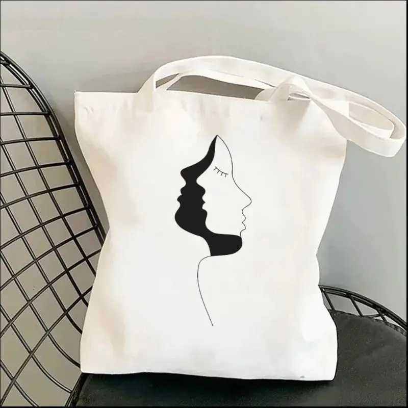 Vintage Face Line Pattern Female Canvas Tote Bag Large Capacity Shopper Shoulder Bags Reusable Casual Shopping Handbag for WomenT251121