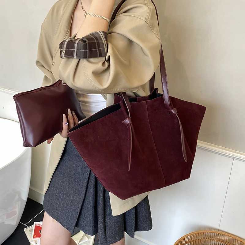 2025 Autumn New Branded Big Tote Bag Set For Wen PU Suede Pure Color 2-IN-1 Large Capacity Shoder Shoppers Designer Handbags Y251121