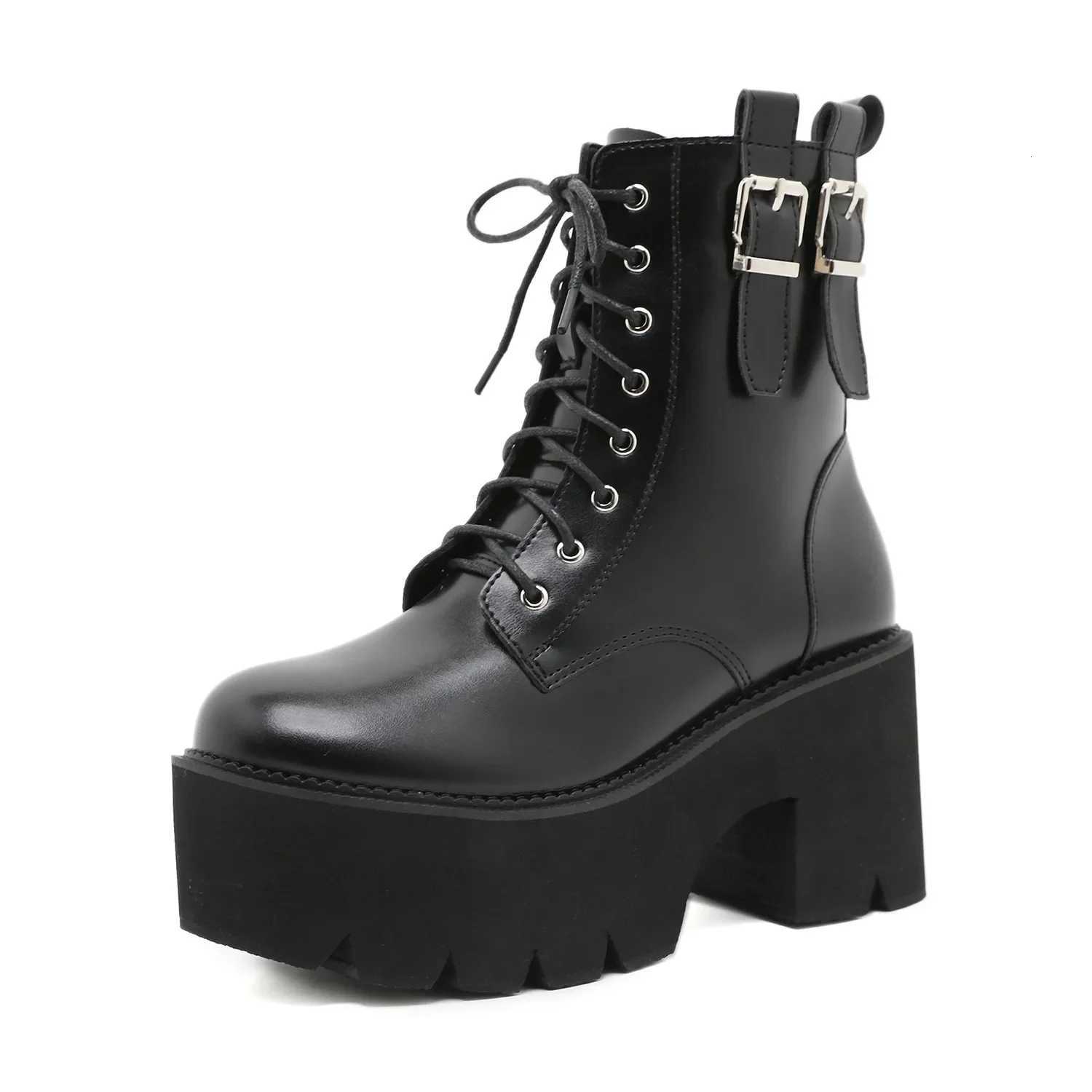 2025 Women Ankle Boots Platform Square High Heel Ladies Motorcycle Boots Patent PU Leather Side Zipper Women Lace Up Boot Black H251121