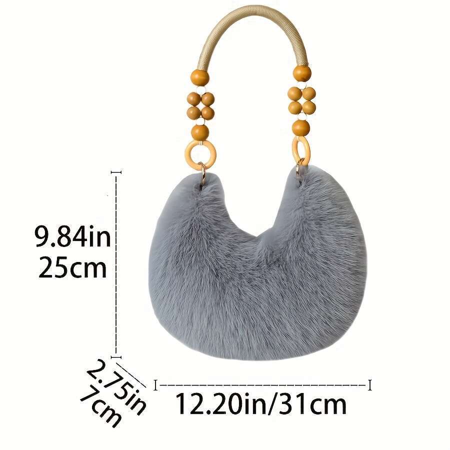 Pc Women S Handbag Plush Faux Tote Crossbody Purse With Bead Accented Strap Golden Tone Charm Like Beads Zipper Closure Beige Pink Black Brown Gray
