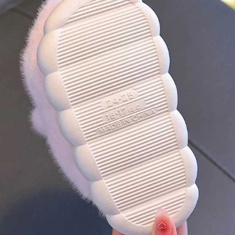 Fluffy Fur Cartoon Rabbit Cute Indoor Slippers Children 2025 Winter Warm Plush Non Slip Thick Bottom Slippers Girls Home SlidesW251121