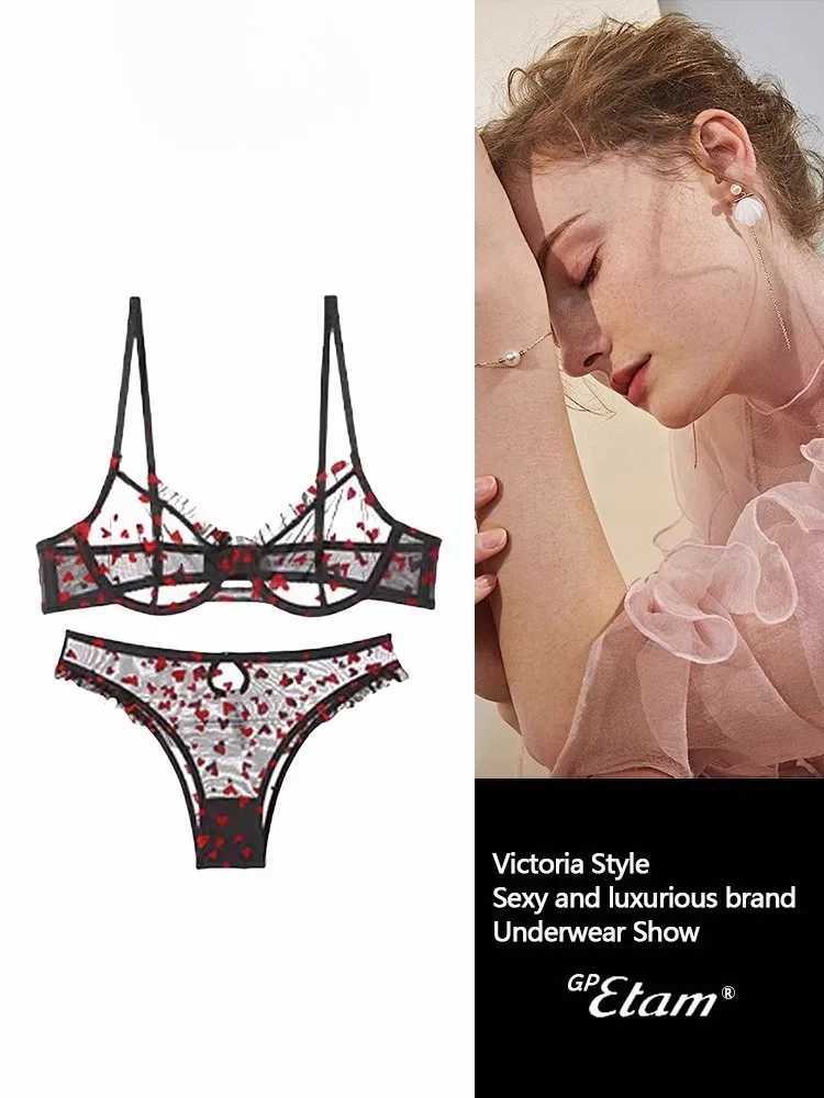 YUQI Chic Heart Lace Push-Up Bra Set Small Bust Enhancer Anti-Sagging Mesh Underwear Womens French Style Lingerie KitXJ251106