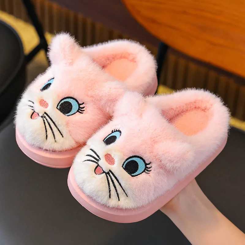 Winter Cartoon Cat Girls Boys Slippers Embroidery Plush Warm Non Slip Children Home Shoes Soft Bottom Kids Floor SlippersW251121