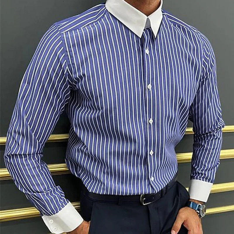 Spring Autumn Mens Casual Shirts Long Sleeve Buttoned Turn-down Collar Patchwork Shirt For Men Vintage Striped Print Shirts 251120