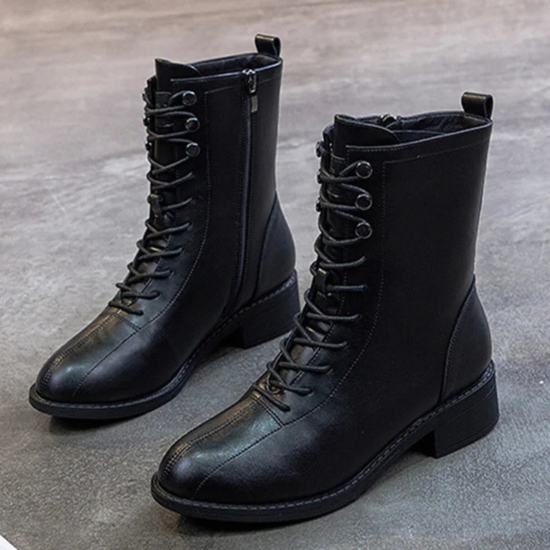 FHC Women Short BootsSoft PU Leather Casual ShoesAnkle BotasThick HeelSide ZipFront LaceRound toeBLACKBEIGEDropship 251121