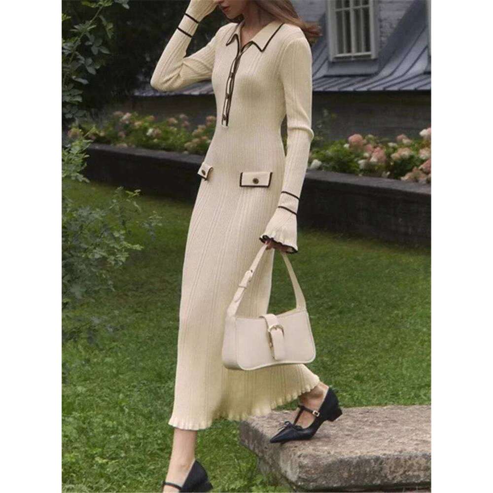 Autumn Winter Elegant Knitted Long Ruffles Dressres New High Waist Buttons Turn-Down Collar Sweater Dresses Female