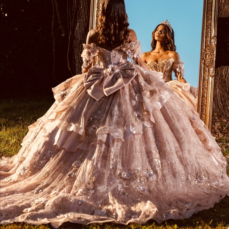 Pink Shiny Quinceanera Dresses Off The Shoulder Applique Flower Beading Crystal Bow Tull Corset Party Birthday Sweet 16 Dres Vestidos 15 Anos