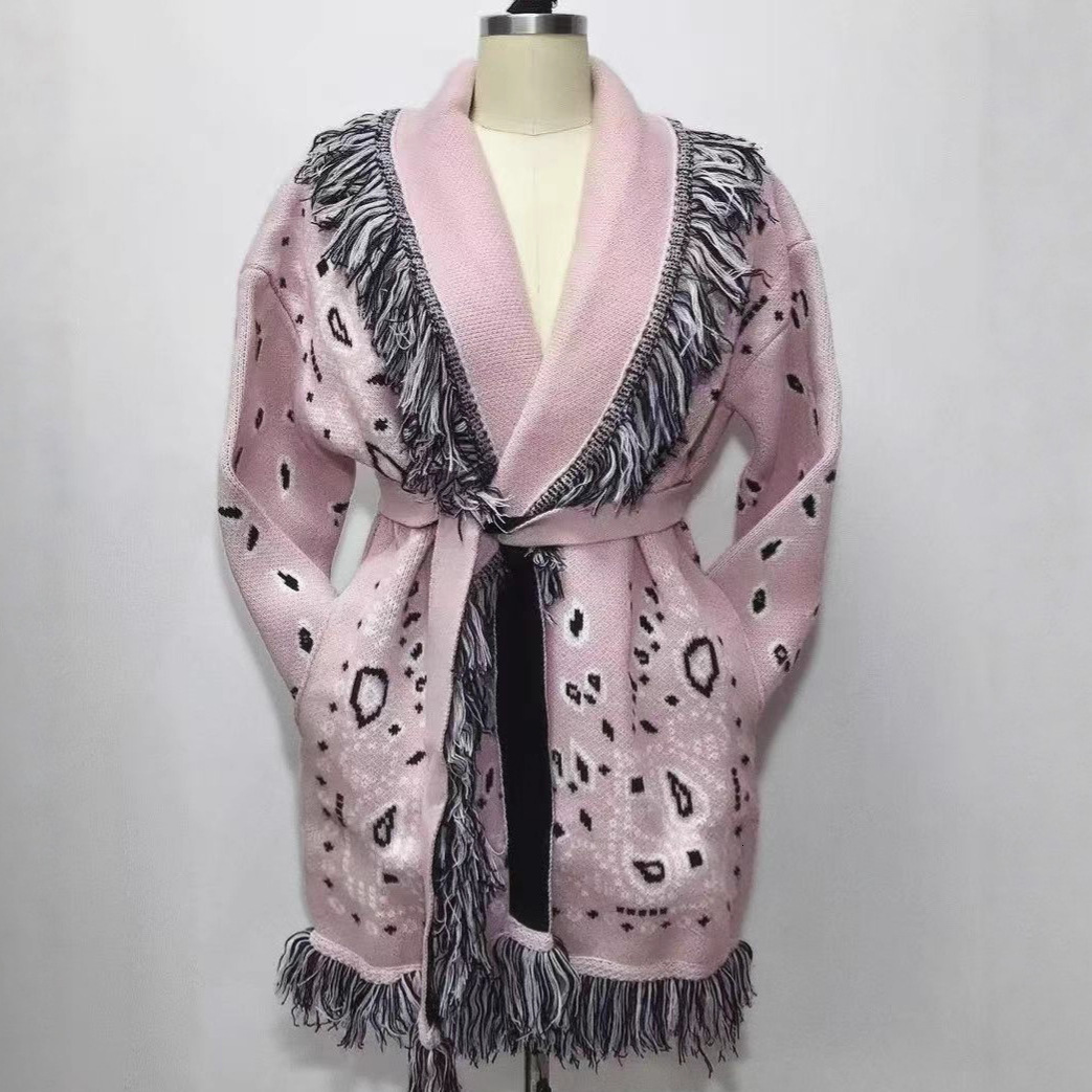 Autumn and winter thick tassel jacquard mid length cardigan womens loose color blocked lapel sweater jacket 230823Z