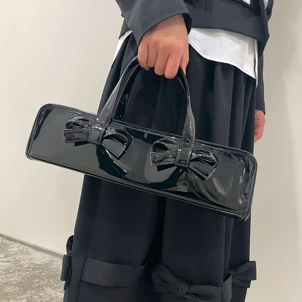 New Sweet Edgy Glossy Bow Adorned Handbag Women Large Capacity Tote With Zipper Closure Fixed Shoulder Strap Red Black Versatile For Casual Formal