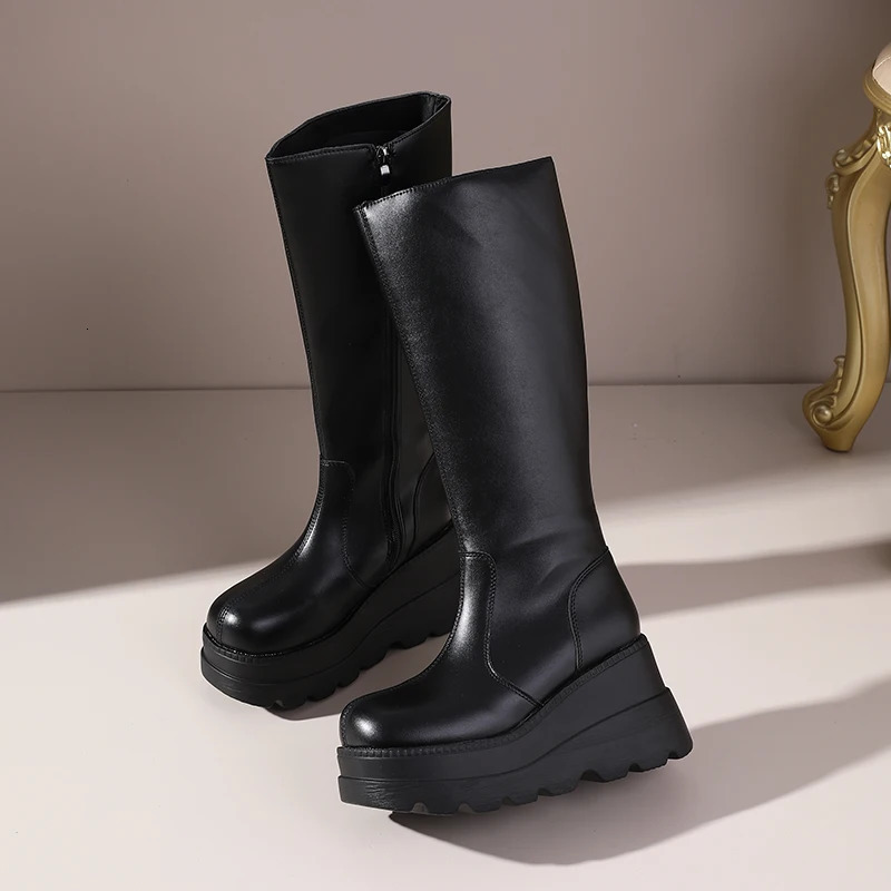 Womens Fashion Platform MidCalf Boots Minimalist Versatile style HeightIncreasing Side Zipper Ankle 251121