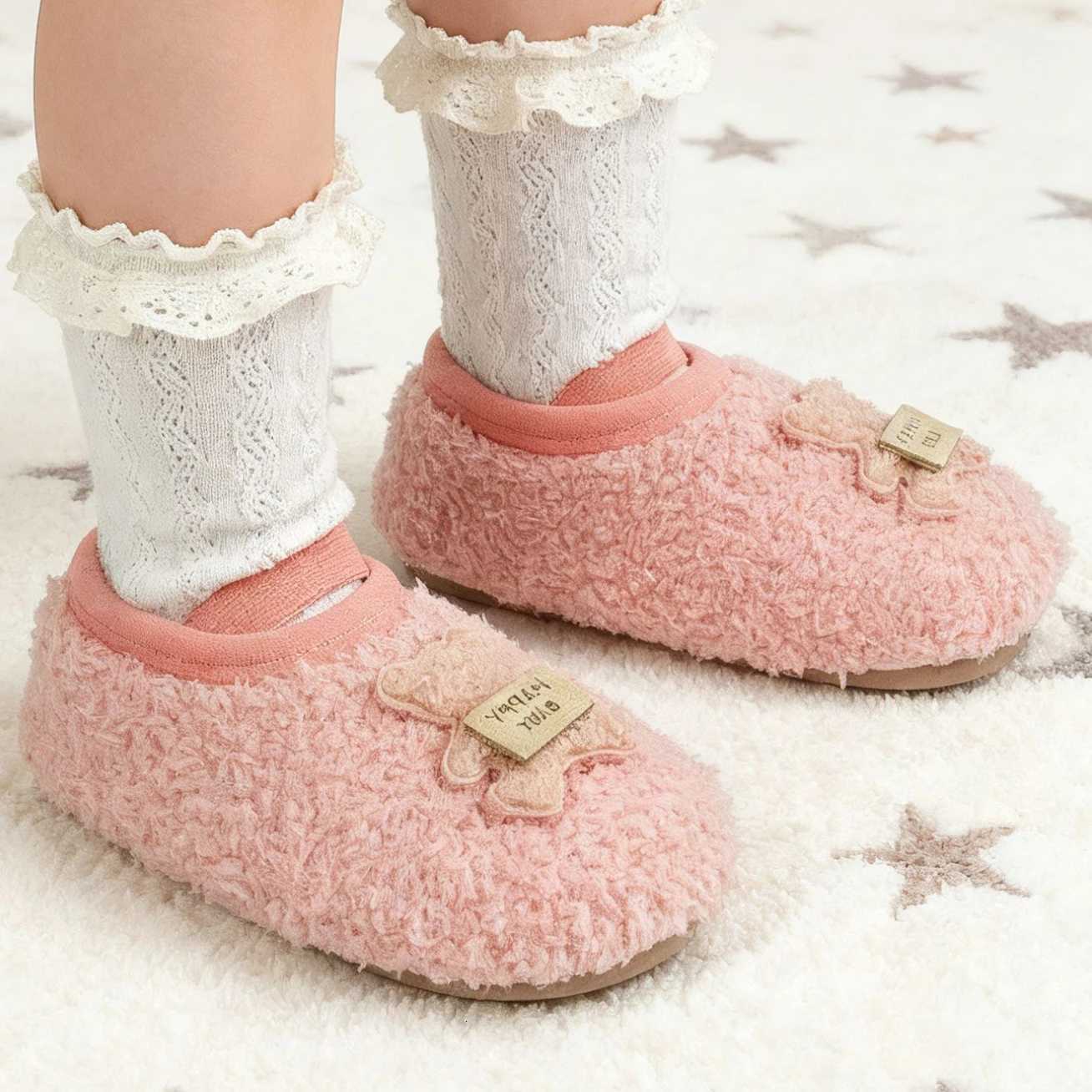 Winter childrens cotton shoes boys teddy bear bags with warm fur cute girls home baby cotton slippersW251121