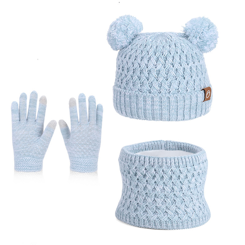 Children's Winter Hat Outdoor Warm Three-Piece Set Cute Bear Knitted Wool Hat Boys and Girls Fleece-Lined Ear Protection Pullover Hat free shippi